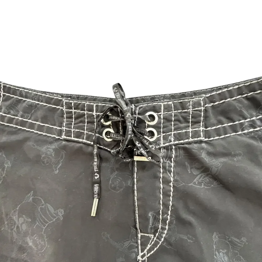True Religion Buddha Print Board Shorts Men’s 32 Black Surf Swim Trunks Y2K